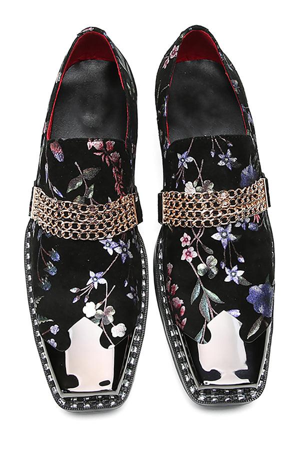 Santimon Men's Metal-Square Toe Flowers Western Penny Loafers