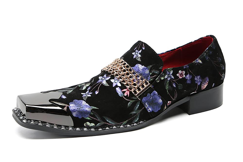 santimon Men's Metal-Square Toe Flowers Western Penny Loafers