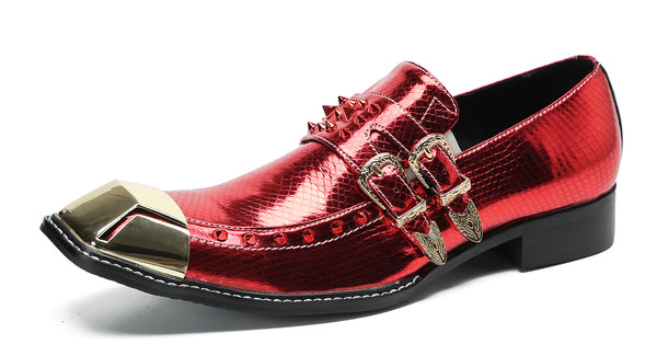 Santimon Men's Metal-Square Toe Western Buckle Loafers