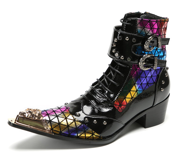 Santimon Men's Metal-Tip Toe Beaded Buckle Hight Top Western Boots