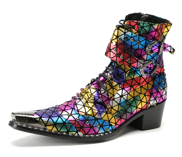 Santimon Men's Metal-Tip Toe Beaded Buckle Hight Top Western Boots