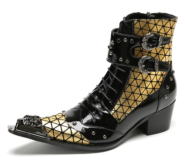 Santimon Men's Metal-Tip Toe Beaded Buckle Hight Top Western Boots