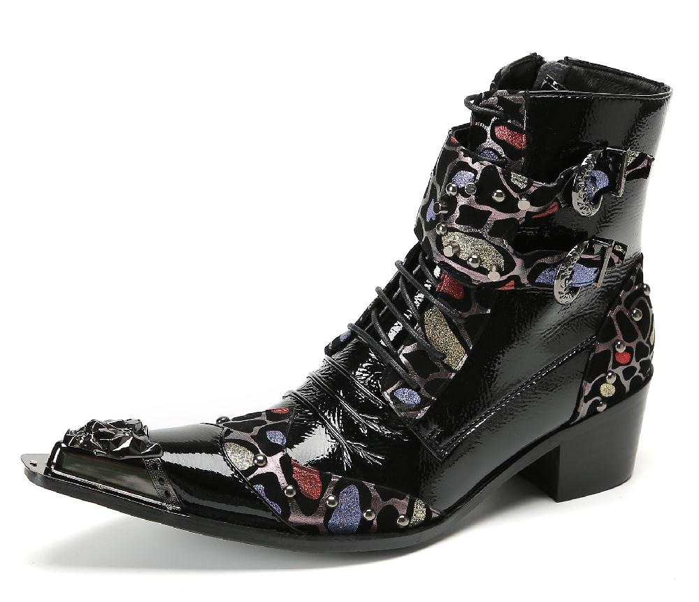 santimon Men's Metal-Tip Toe Beaded Buckle Hight Top Western Boots