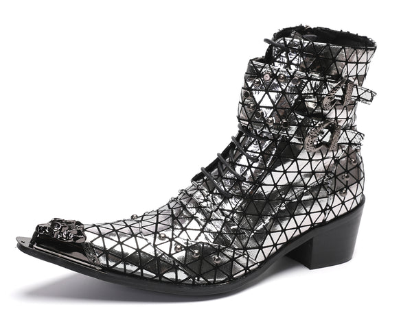 Santimon Men's Metal-Tip Toe Beads Hight Western Boots