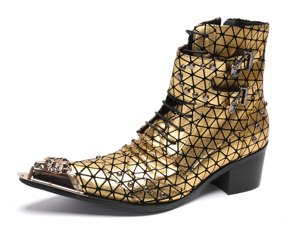 Santimon Men's Metal-Tip Toe Beads Hight Western Boots