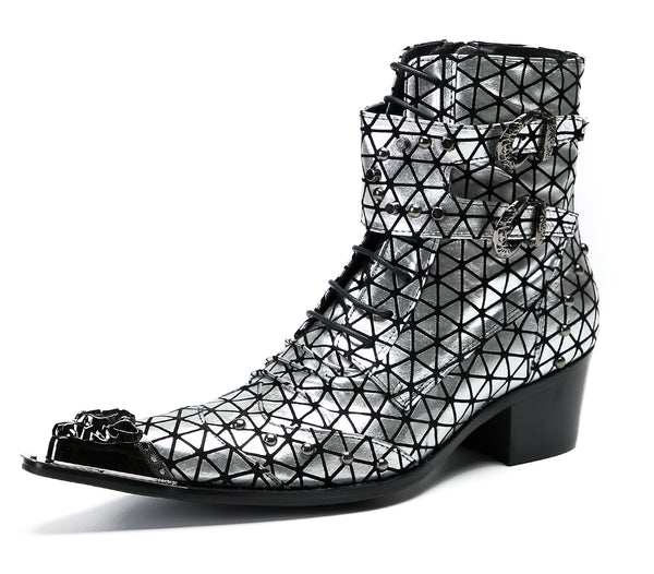 Santimon Men's Metal-Tip Toe Beads Hight Western Boots
