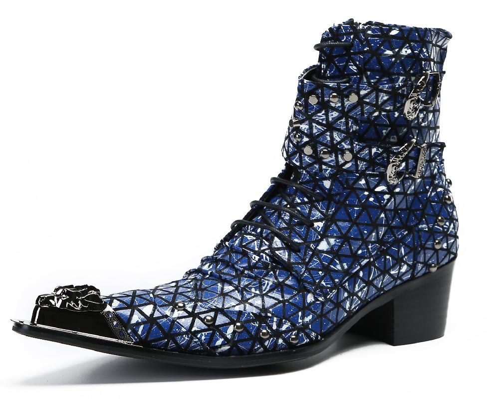 santimon Men's Metal-Tip Toe Beads Hight Western Boots