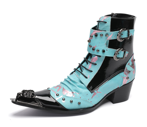 Santimon Men's Metal-Tip Toe Button Hight Western Boots