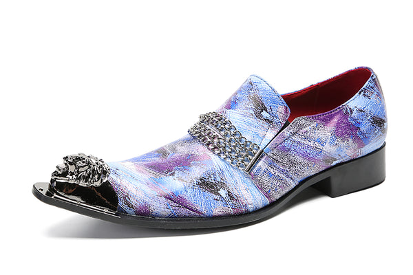 Santimon Men's Metal-Tip Toe Buttons Western Penny Loafers