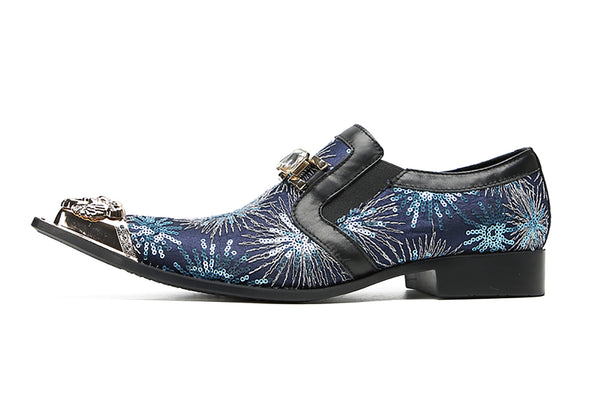Santimon Men's Metal-Tip Toe Sequins Western Penny Loafers