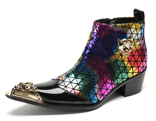 Santimon Men's Metal-Tip Toe Zipper Plaid Texture Western Boots