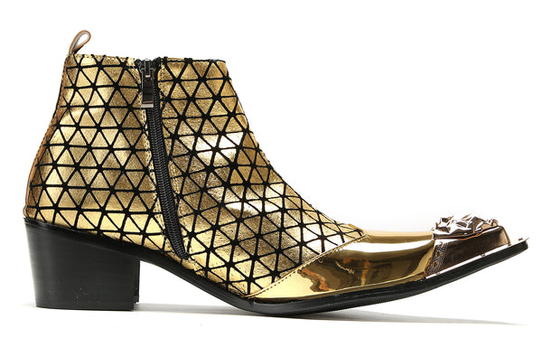 Santimon Men's Metal-Tip Toe Zipper Plaid Texture Western Boots