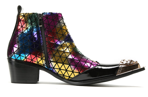 Santimon Men's Metal-Tip Toe Zipper Plaid Texture Western Boots