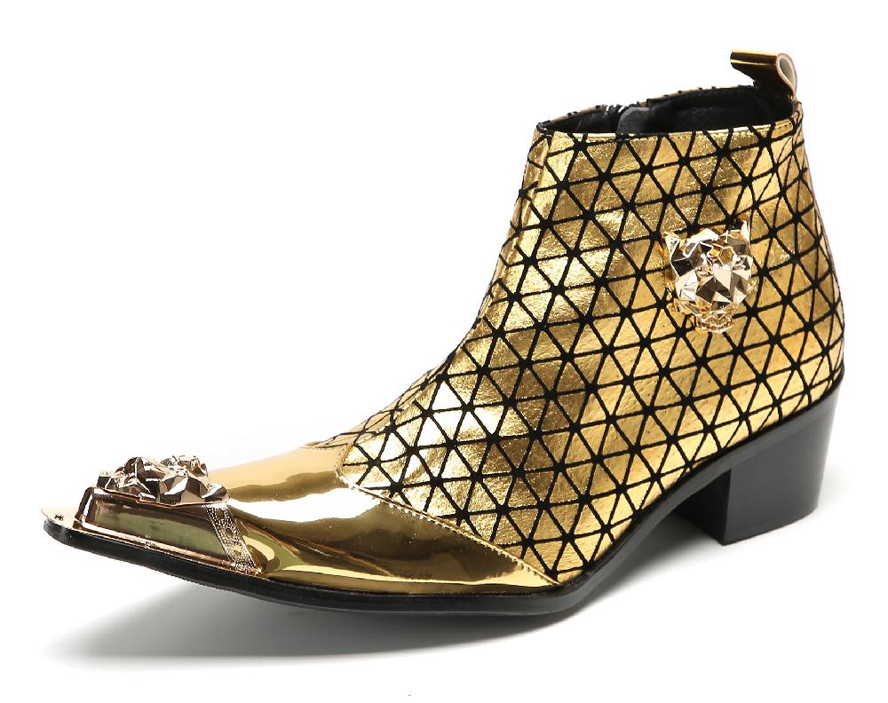 santimon Men's Metal-Tip Toe Zipper Plaid Texture Western Boots