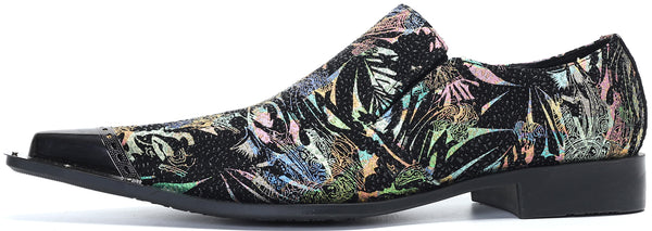 Santimon Men's Metal Tip Western Graphic Print Loafers