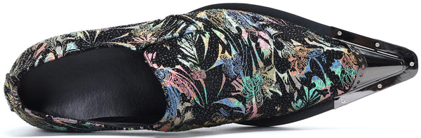 Santimon Men's Metal Tip Western Graphic Print Loafers