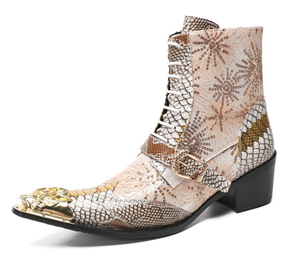 Santimon Men's Metal Toe Sequins Mid Top Buckle Western Boots