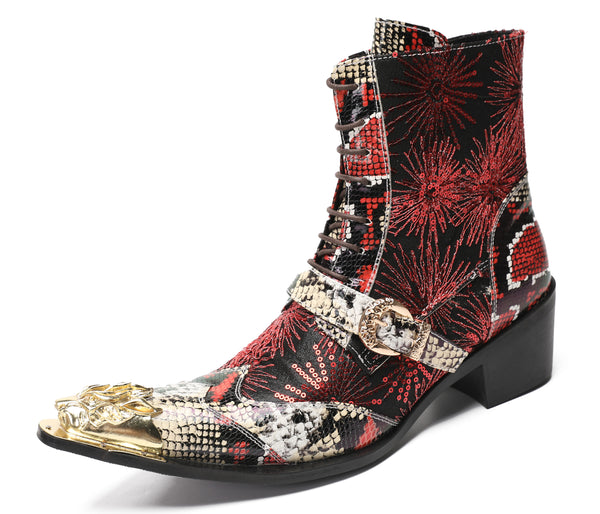 Santimon Men's Metal Toe Sequins Mid Top Buckle Western Boots