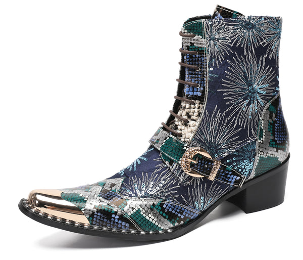 Santimon Men's Metal Toe Sequins Mid Top Buckle Western Boots