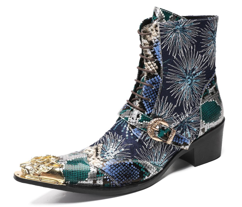 santimon Men's Metal Toe Sequins Mid Top Buckle Western Boots
