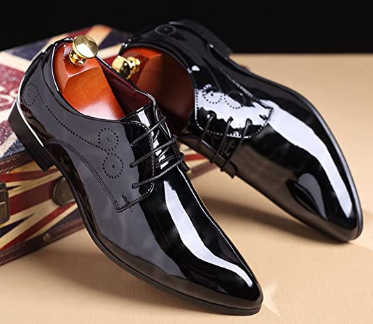 Santimon Men's Patent Leather Lace Up Derby Pointed Toe