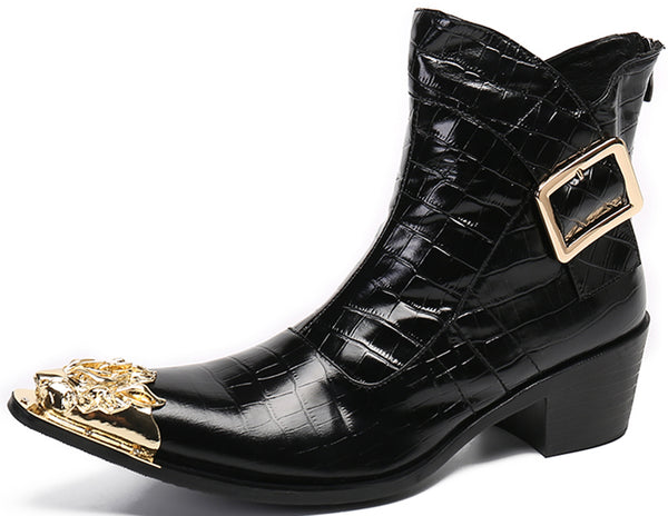 Santimon Men's Plaid Metal Tip Buckle Western Boots