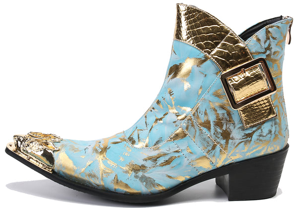 Santimon Men's Plaid Metal Tip Buckle Western Boots