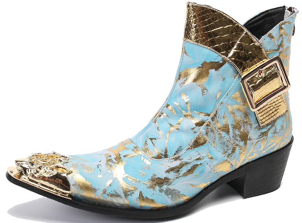 santimon Men's Plaid Metal Tip Buckle Western Boots