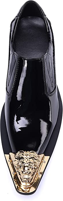 Santimon Men's Shiny Western Loafers Golden Lion Tip