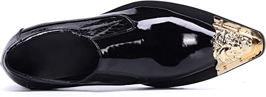 Santimon Men's Shiny Western Loafers Golden Lion Tip