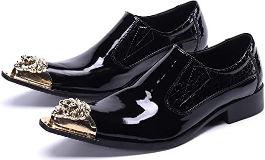 santimon Men's Shiny Western Loafers Golden Lion Tip