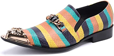 Santimon Men's Striped Beaded Dress Western Loafers