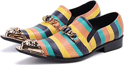 santimon Men's Striped Beaded Dress Western Loafers
