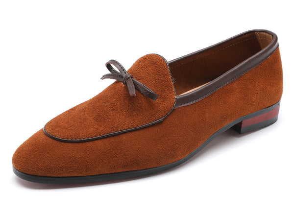 Santimon Men's Suede Bow Smoking Loafers Black Brown Tan