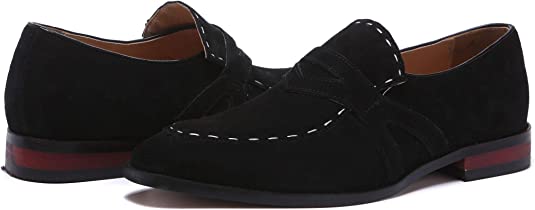 Santimon Men's Suede Smoking Loafers White Stitching