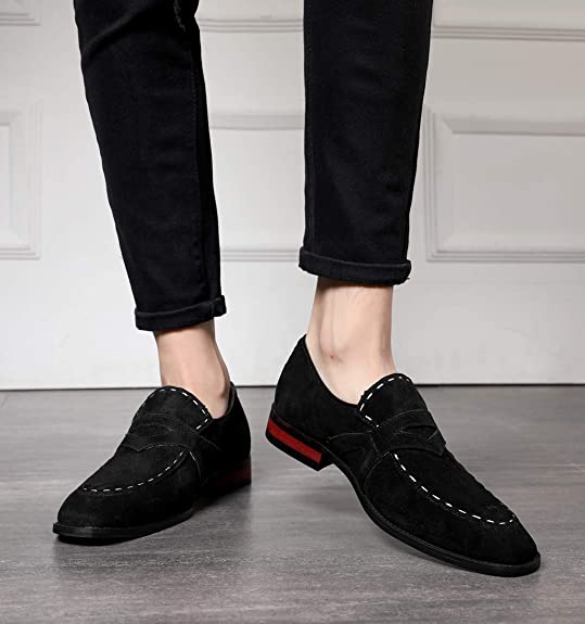 Santimon Men's Suede Smoking Loafers White Stitching