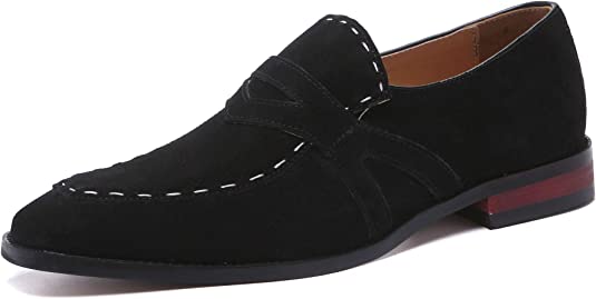 santimon Men's Suede Smoking Loafers White Stitching