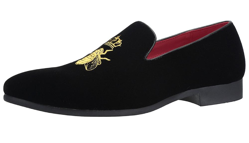 santimon Men's Velvet Loafers Casual Gold Embroidery