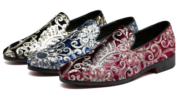 Santimon Men's Velvet Silver Stitching Smoking Loafers