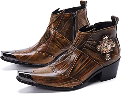 santimon Men's Western Boots Pointed Metal Tip Added Heel