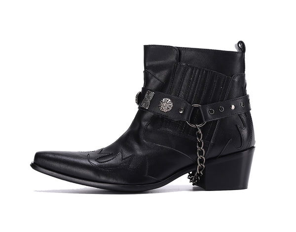 Santimon Men's Western Boots Pointed Toe Buckle Belt Chain