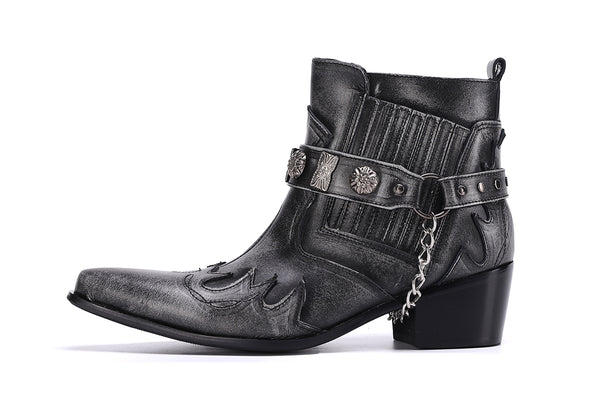Santimon Men's Western Boots Pointed Toe Buckle Belt Chain