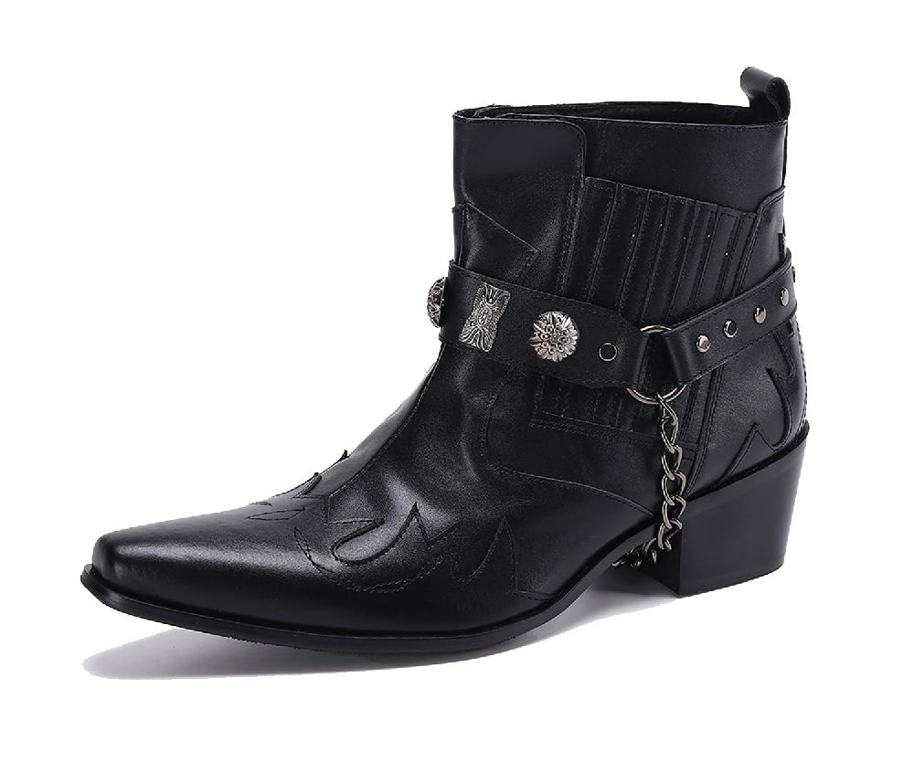 santimon Men's Western Boots Pointed Toe Buckle Belt Chain