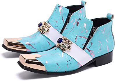 santimon Men's Western Boots Square Metal Tip in Blue Red