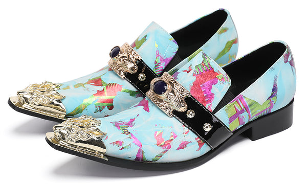 Santimon Mens Casual Metal-Tip Toe Gemstone Western Loafers
