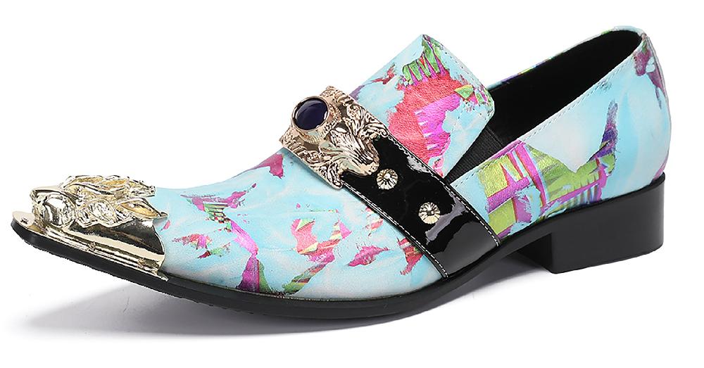 santimon Mens Casual Metal-Tip Toe Gemstone Western Loafers