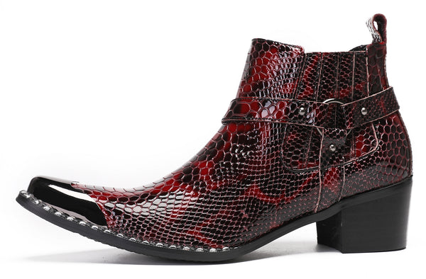Santimon Mens Casual Snakeskin Texture Meatal Tip Toe Western Boots