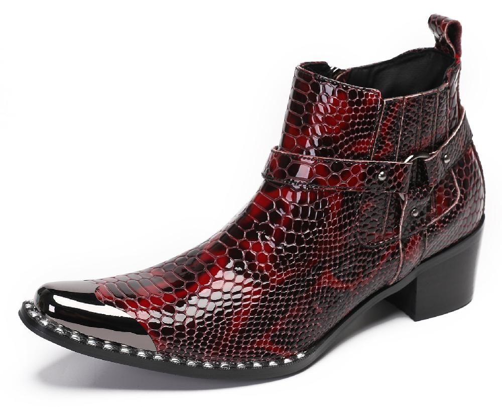 santimon Mens Casual Snakeskin Texture Meatal Tip Toe Western Boots