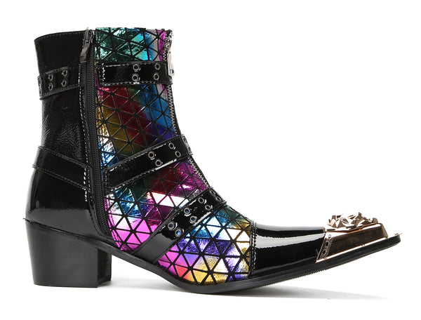 Santimon Mens Casual Western Boots Skull Buckle Color Plaid