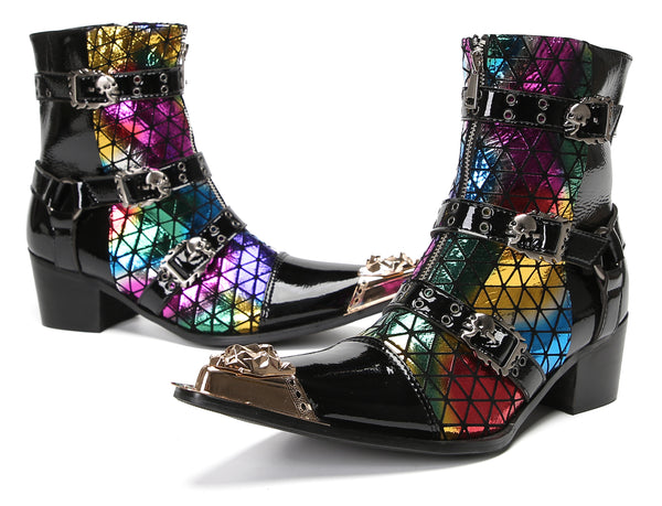 Santimon Mens Casual Western Boots Skull Buckle Color Plaid